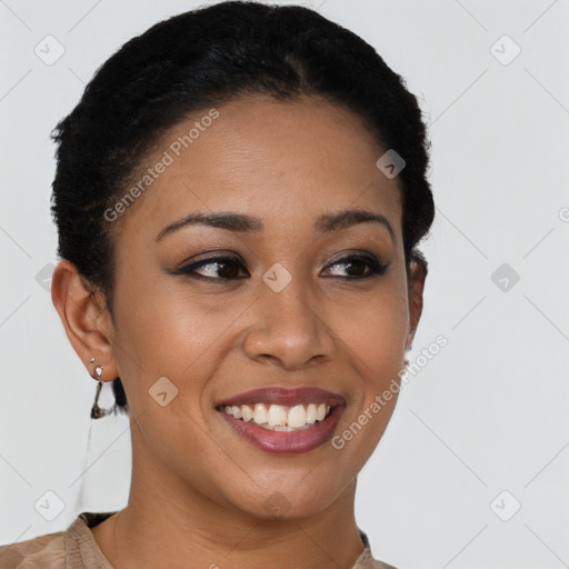 Joyful latino young-adult female with short  black hair and brown eyes