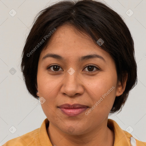 Joyful white adult female with medium  brown hair and brown eyes