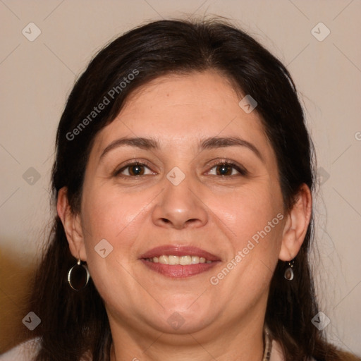 Joyful white adult female with medium  brown hair and brown eyes