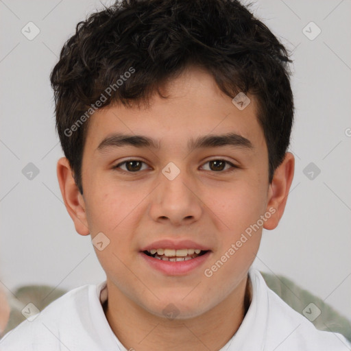 Joyful white child male with short  brown hair and brown eyes