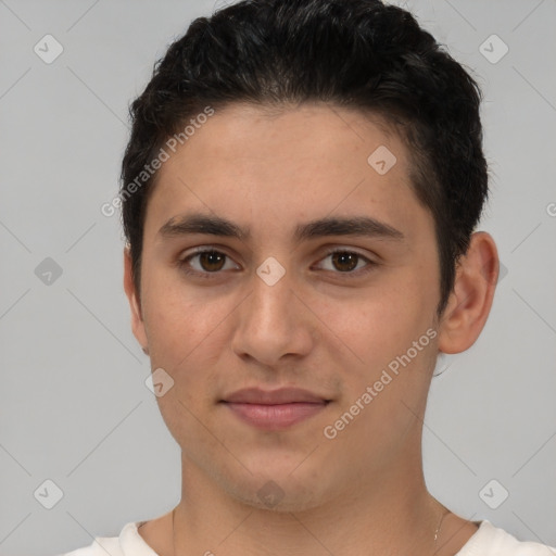 Joyful white young-adult male with short  brown hair and brown eyes