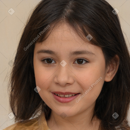 Joyful white child female with medium  brown hair and brown eyes