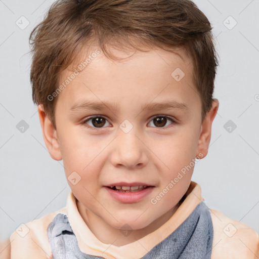 Joyful white child male with short  brown hair and brown eyes