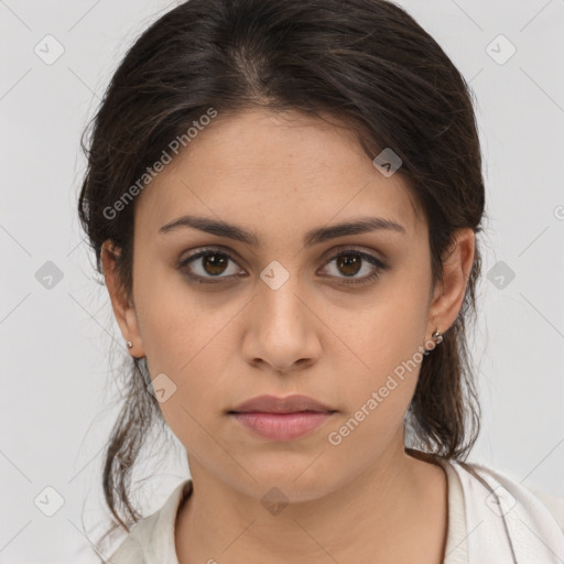 Neutral white young-adult female with medium  brown hair and brown eyes