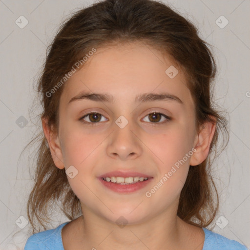 Joyful white child female with medium  brown hair and brown eyes