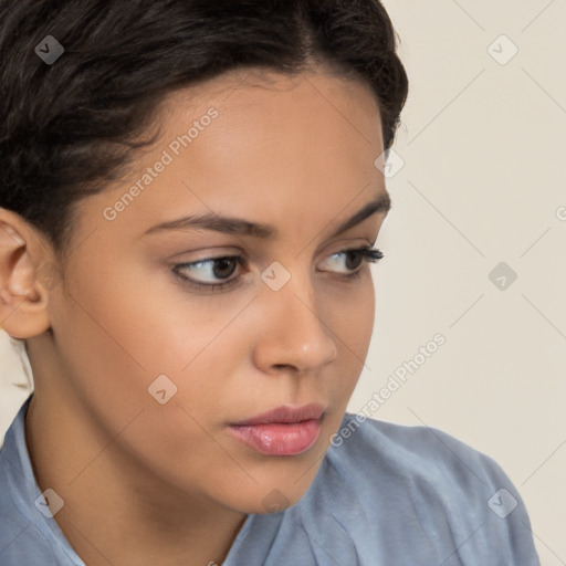 Neutral white young-adult female with short  brown hair and brown eyes