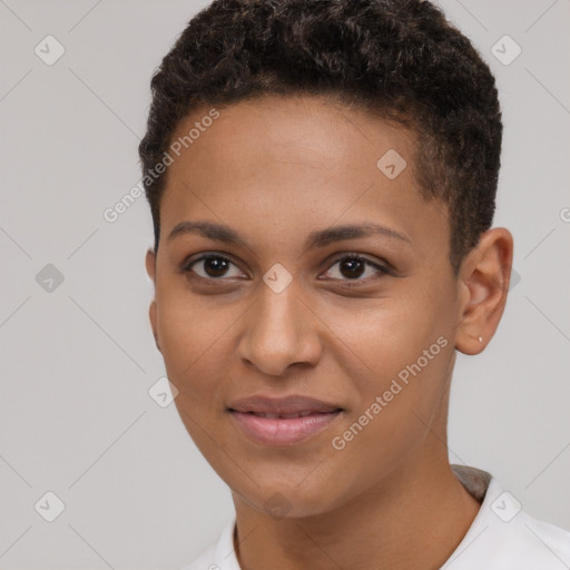 Joyful black young-adult female with short  brown hair and brown eyes