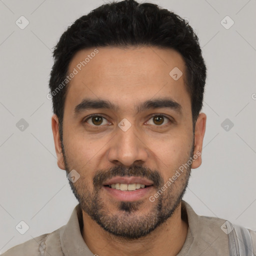 Neutral latino young-adult male with short  black hair and brown eyes