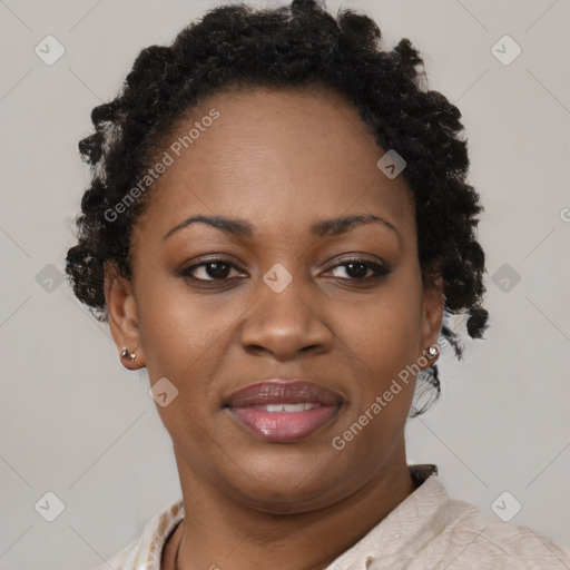 Joyful black adult female with short  brown hair and brown eyes