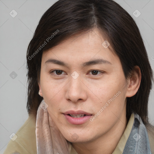 Joyful white young-adult female with medium  brown hair and brown eyes
