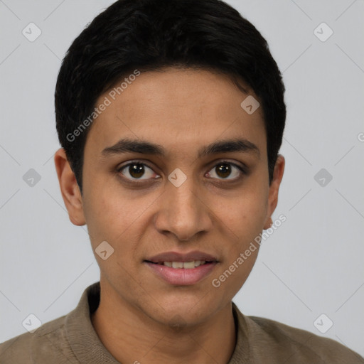 Joyful latino young-adult male with short  brown hair and brown eyes