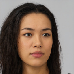 Neutral asian young-adult female with long  brown hair and brown eyes