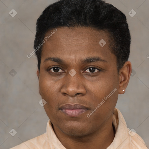 Joyful black young-adult male with short  black hair and brown eyes