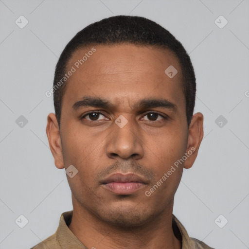 Neutral latino young-adult male with short  black hair and brown eyes