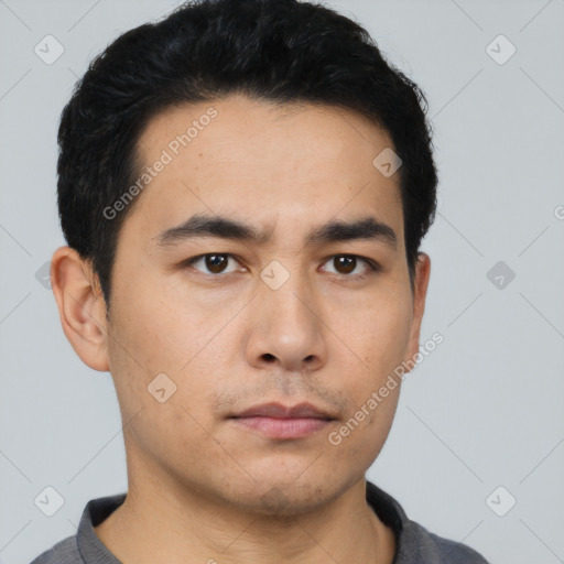 Neutral asian young-adult male with short  black hair and brown eyes