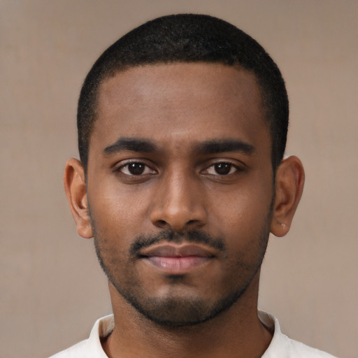 Neutral black young-adult male with short  black hair and brown eyes