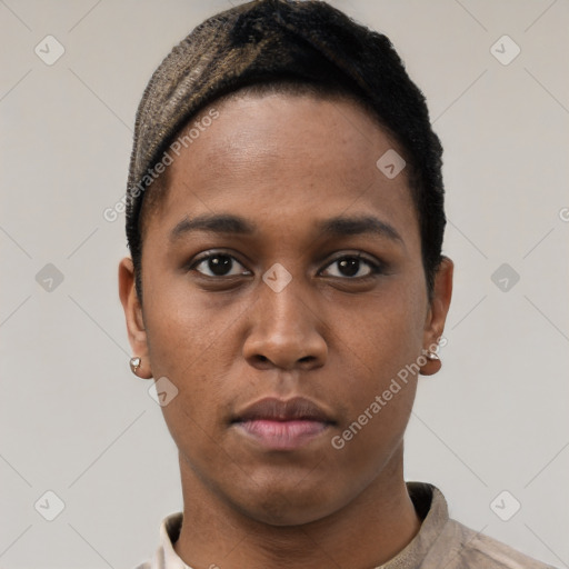 Neutral black young-adult female with short  black hair and brown eyes