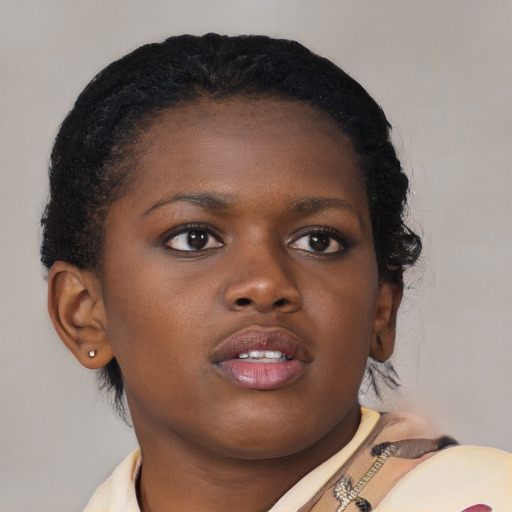 Neutral black young-adult female with short  brown hair and brown eyes