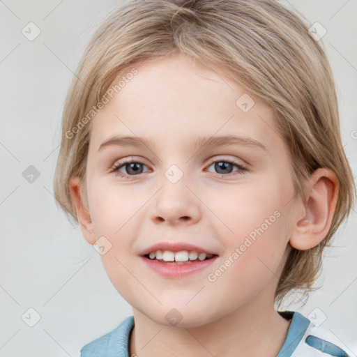 Joyful white child female with medium  brown hair and blue eyes