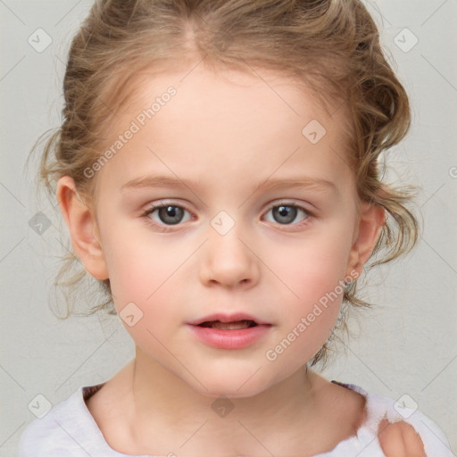 Neutral white child female with medium  brown hair and blue eyes