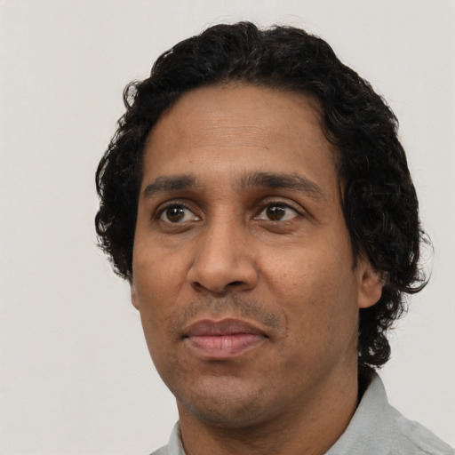 Neutral black adult male with short  black hair and brown eyes