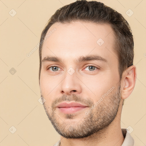 Neutral white young-adult male with short  brown hair and brown eyes