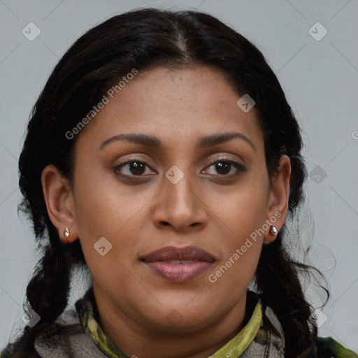 Joyful black young-adult female with medium  brown hair and brown eyes