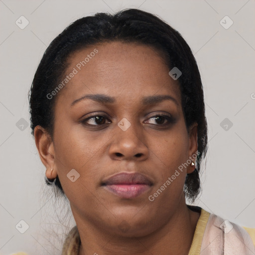 Neutral black young-adult female with short  black hair and brown eyes