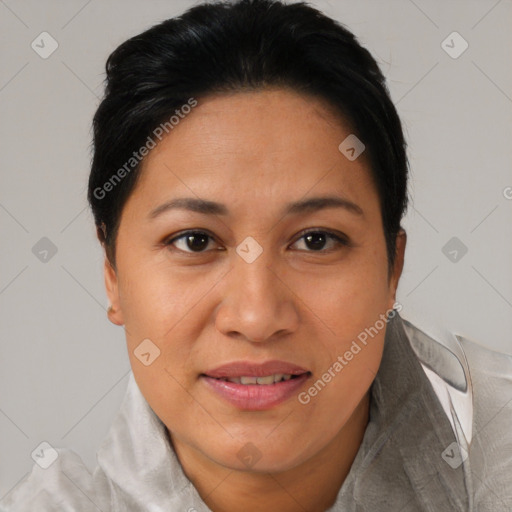 Joyful latino young-adult female with short  brown hair and brown eyes