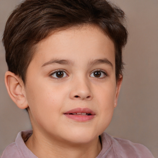 Joyful white child female with short  brown hair and brown eyes