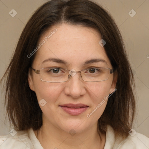 Joyful white adult female with medium  brown hair and grey eyes