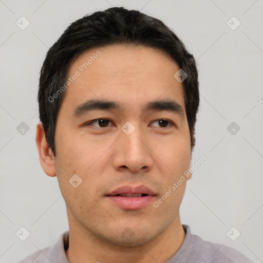 Neutral asian young-adult male with short  black hair and brown eyes