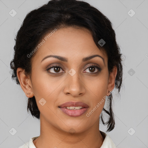 Joyful latino young-adult female with medium  brown hair and brown eyes