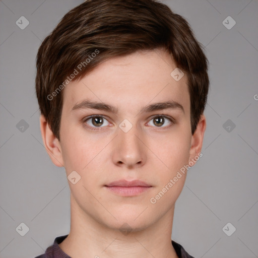 Neutral white young-adult male with short  brown hair and brown eyes