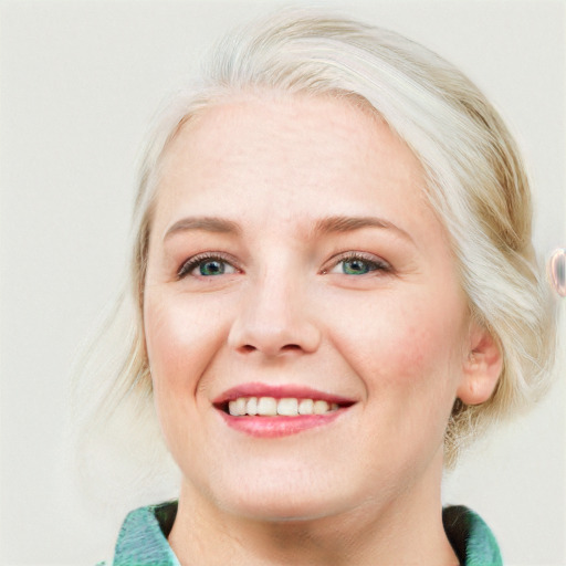 Joyful white young-adult female with medium  blond hair and blue eyes