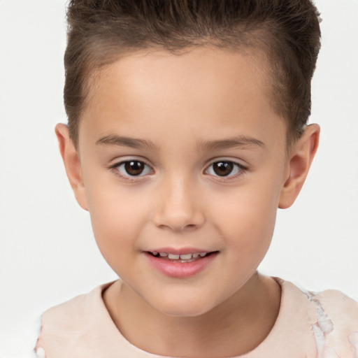 Joyful white child female with short  brown hair and brown eyes