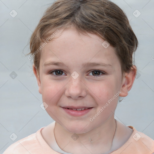 Joyful white child female with short  brown hair and brown eyes