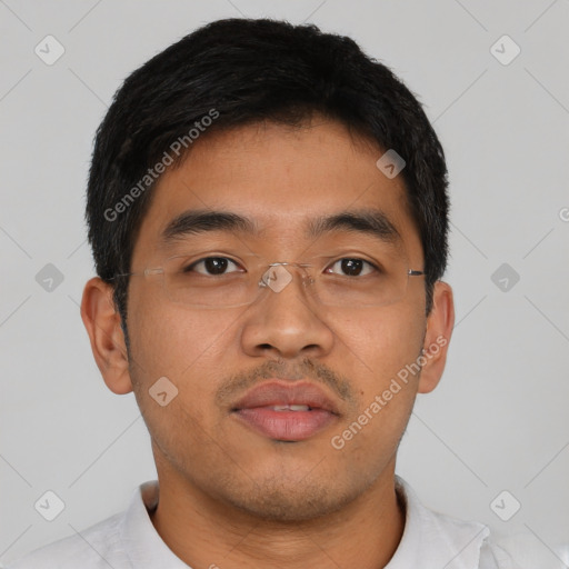 Neutral asian young-adult male with short  brown hair and brown eyes