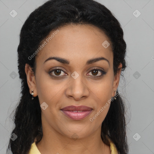 Joyful latino young-adult female with long  brown hair and brown eyes