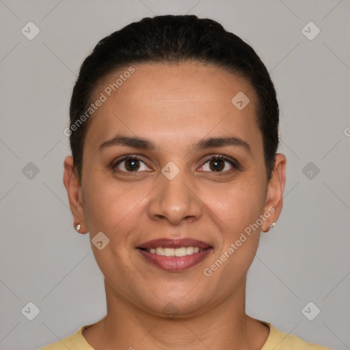 Joyful white young-adult female with short  brown hair and brown eyes