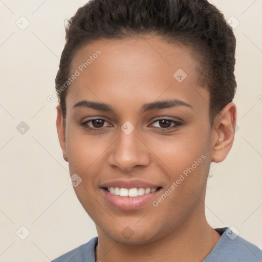 Joyful white young-adult female with short  brown hair and brown eyes