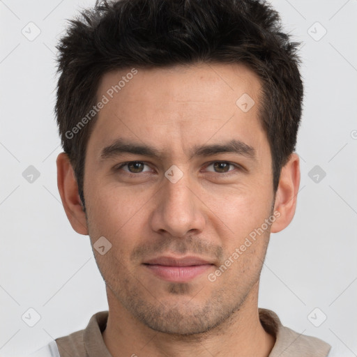 Neutral white adult male with short  brown hair and brown eyes