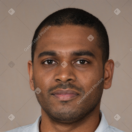 Neutral latino young-adult male with short  brown hair and brown eyes