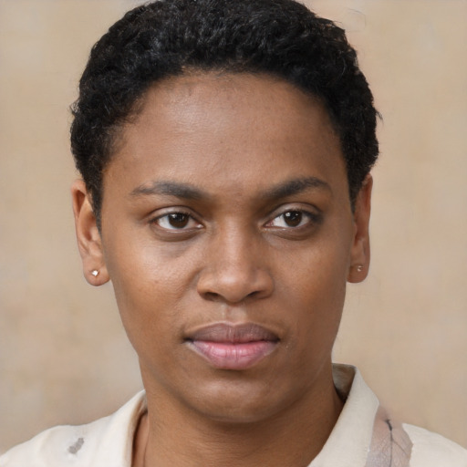 Joyful black young-adult female with short  brown hair and brown eyes