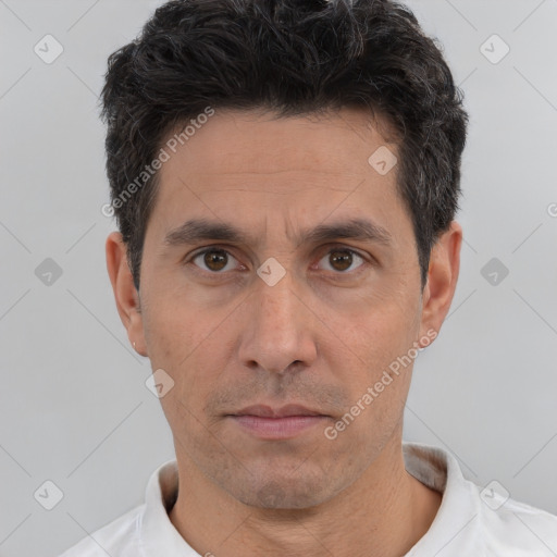 Neutral white adult male with short  black hair and brown eyes