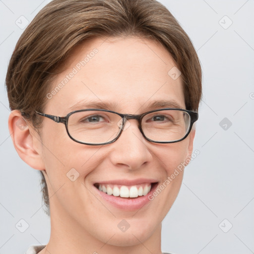 Joyful white young-adult female with short  brown hair and grey eyes