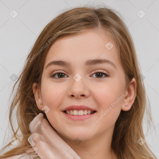 Joyful white child female with medium  brown hair and brown eyes