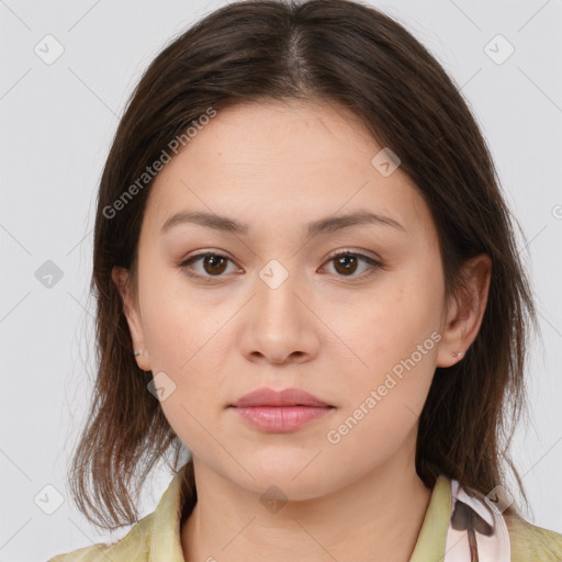 Neutral white young-adult female with medium  brown hair and brown eyes