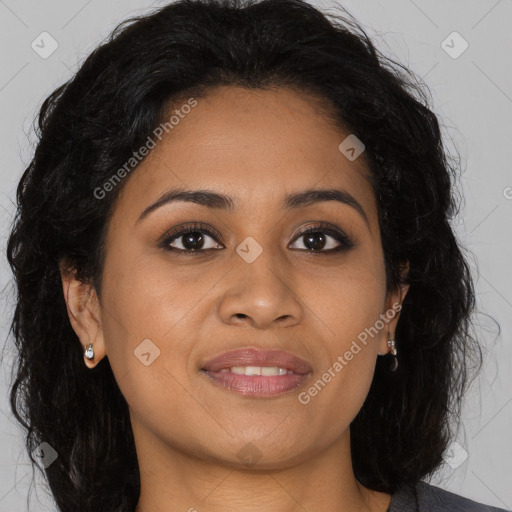 Joyful latino young-adult female with long  brown hair and brown eyes