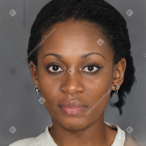 Neutral black young-adult female with short  black hair and brown eyes